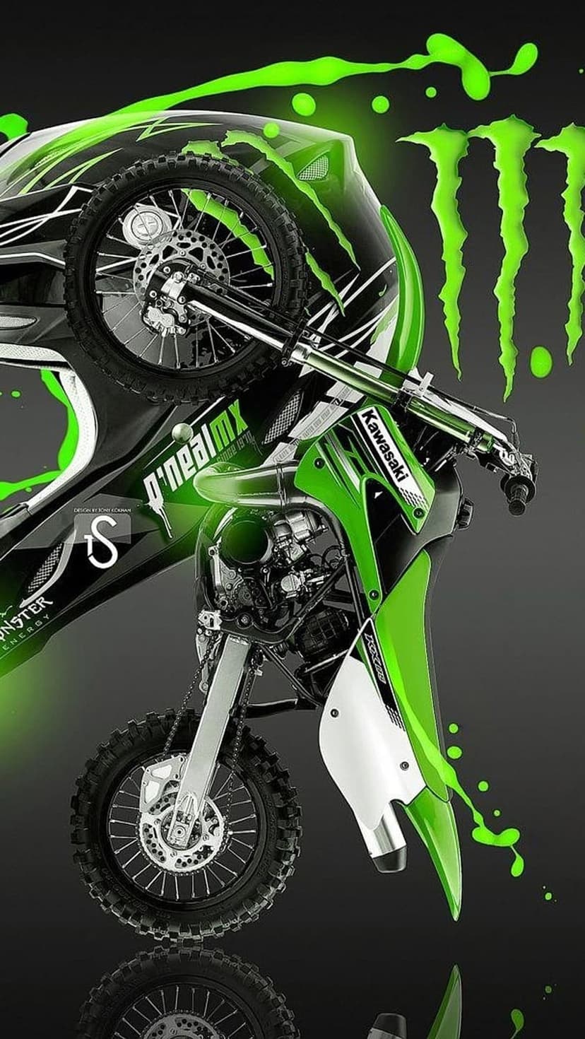 Kawasaki dirt bike with Monster Energy logos and vibrant green liquid splashes against a dark background.