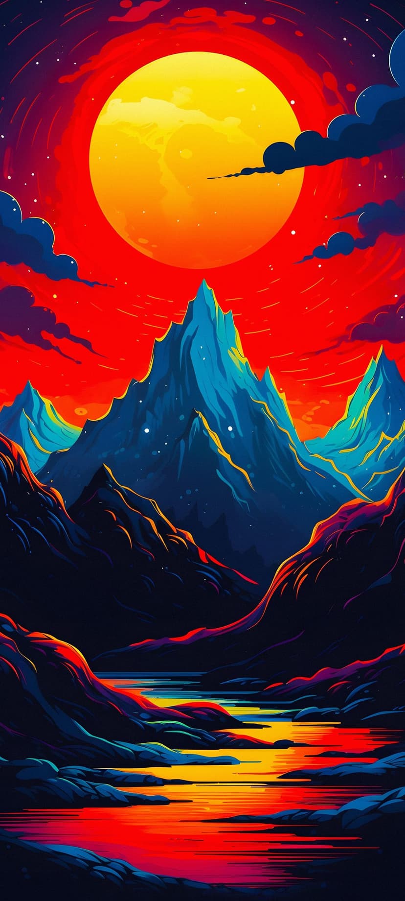 Colossal glowing moon hanging over sharp mountain peaks reflected in a still lake under a red and purple sky.