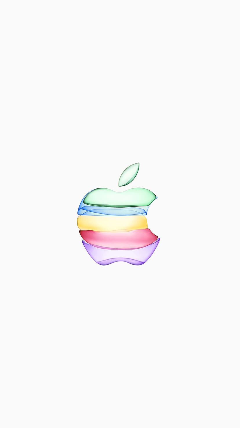 Apple logo made of horizontal pastel bands in green, blue, yellow, and pink on a solid white background.