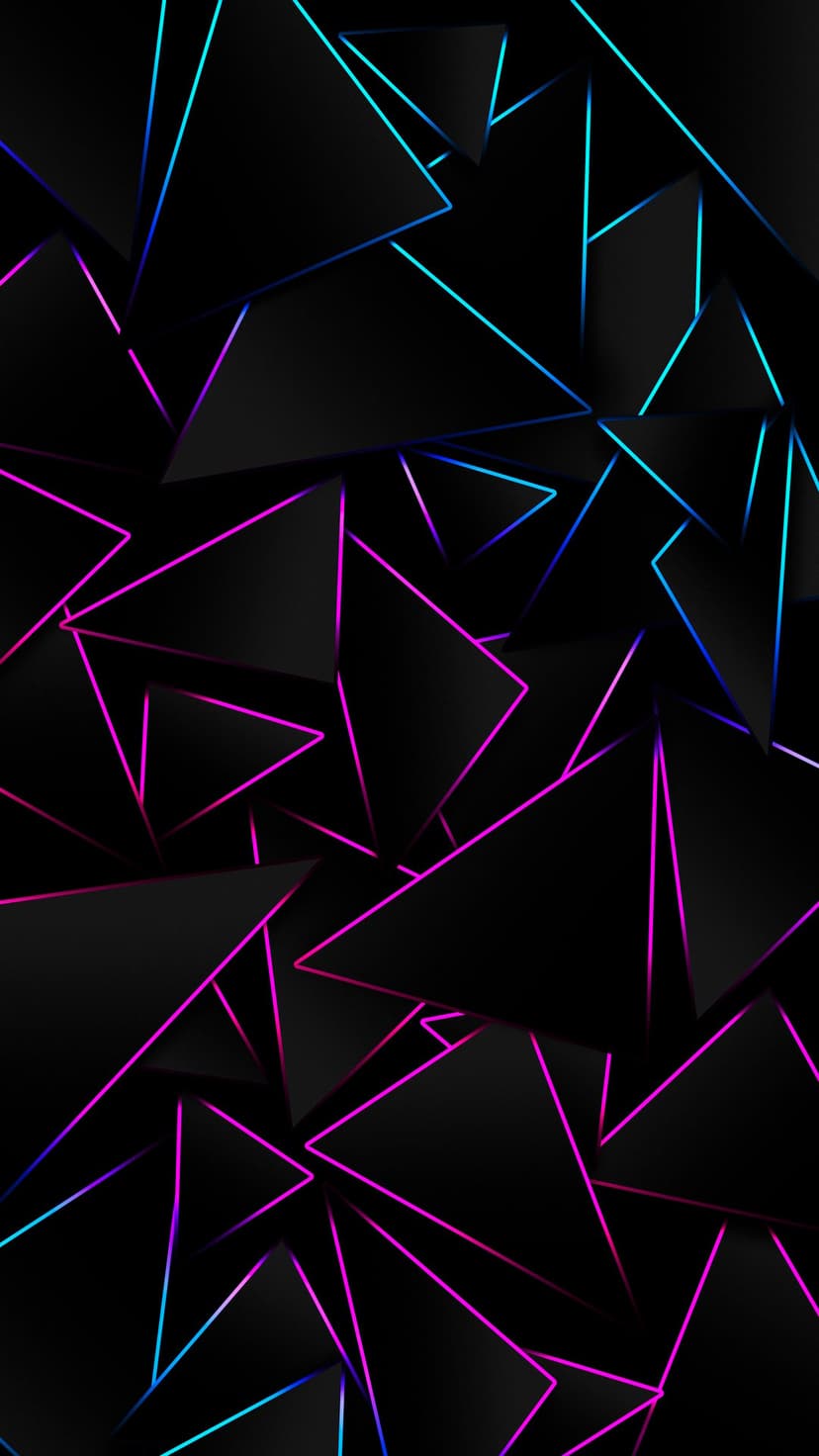Interlocking black triangles highlighted with glowing electric blue and pink neon edges on a dark surface.