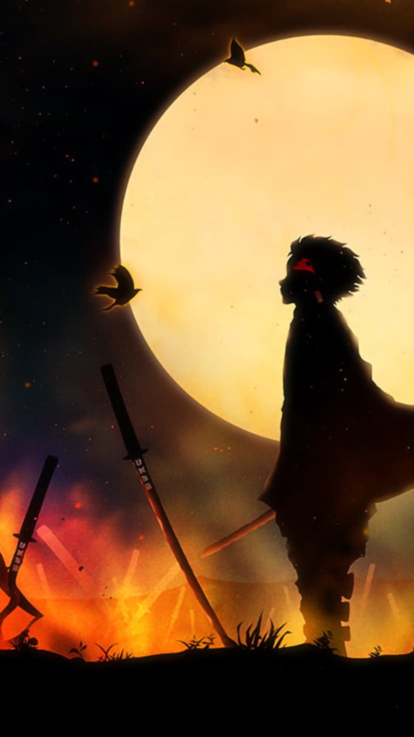 Shadowed anime warrior stands on a burning battlefield before a massive full moon with flying birds.