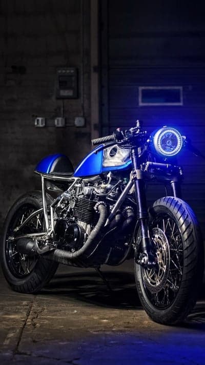 Custom Blue Cafe Racer Motorcycle with LED Headlight