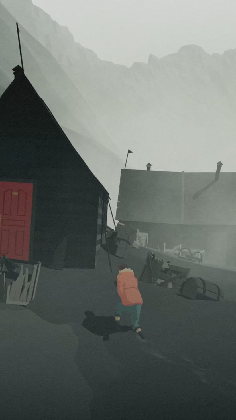Lone traveler walks from a dark cabin with a red door toward towering mountains shrouded in thick gray mist.