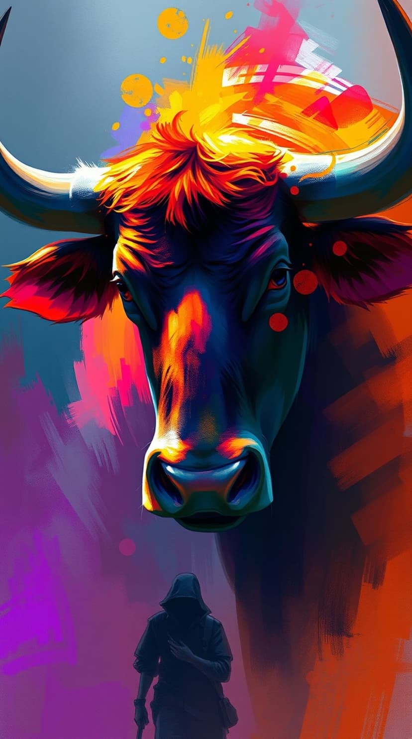 Powerful bull with neon horns towers over a small hooded figure amidst vibrant orange and purple brushstrokes.