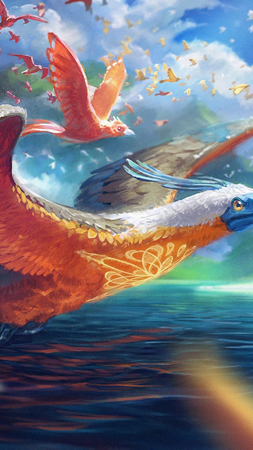 An orange and white bird with a blue head leads a flock over rippling water and a sky full of soft clouds.