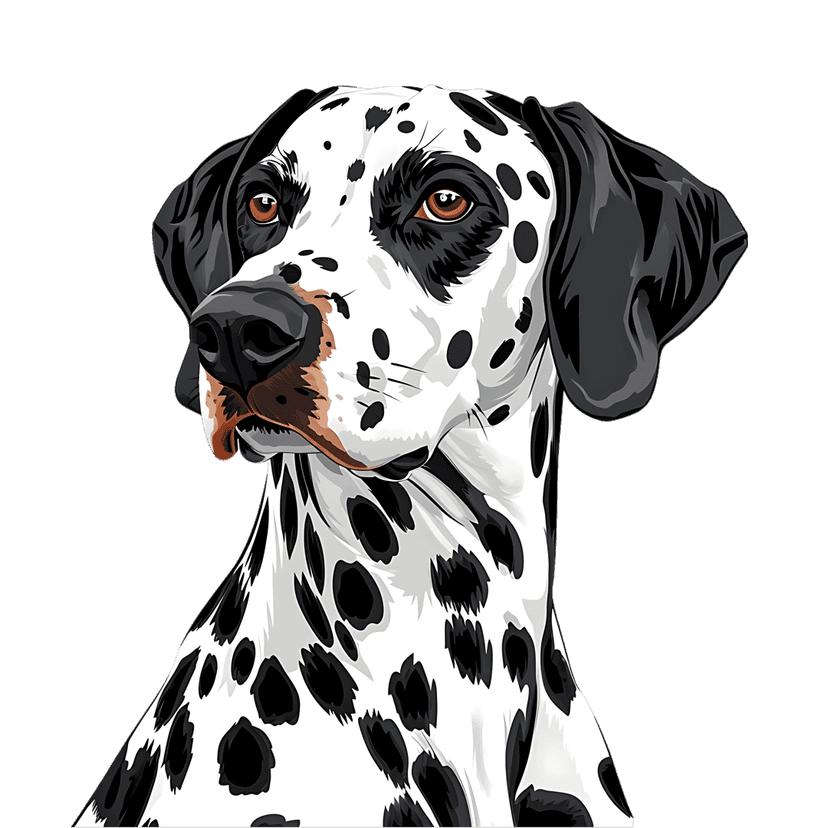 Dalmatian dog portrait illustration featuring white fur with black spots and brown eyes on a black background.