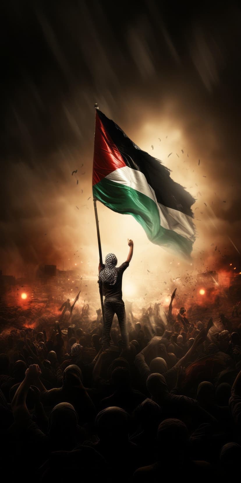Palestinian flag held high by a silhouette amidst billowing smoke and glowing orange sparks during a protest.