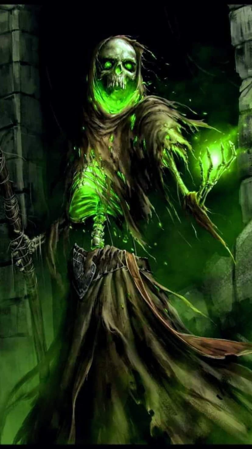 Skeletal grim reaper cloaked in rags with vibrant green energy glowing from its eyes and outstretched hand.