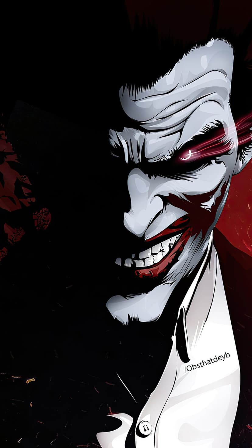 Joker with a wide menacing grin and glowing red eyes emerging from deep shadows and crimson atmospheric light.
