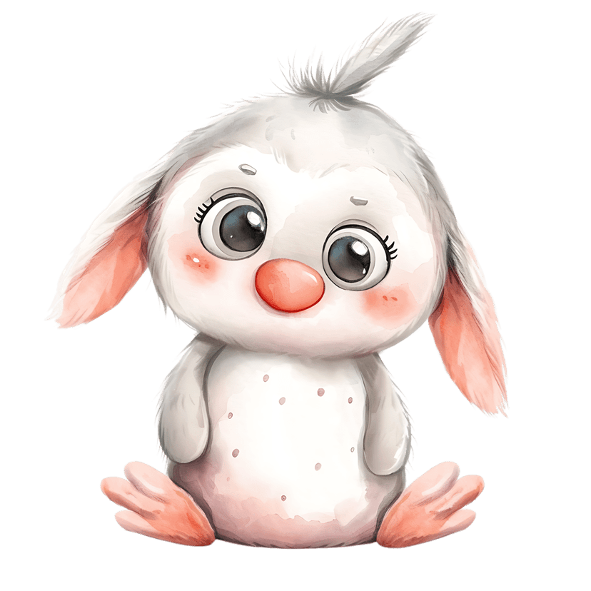 White rabbit watercolor illustration featuring soft fur textures, large dark eyes, and pink floppy ears.