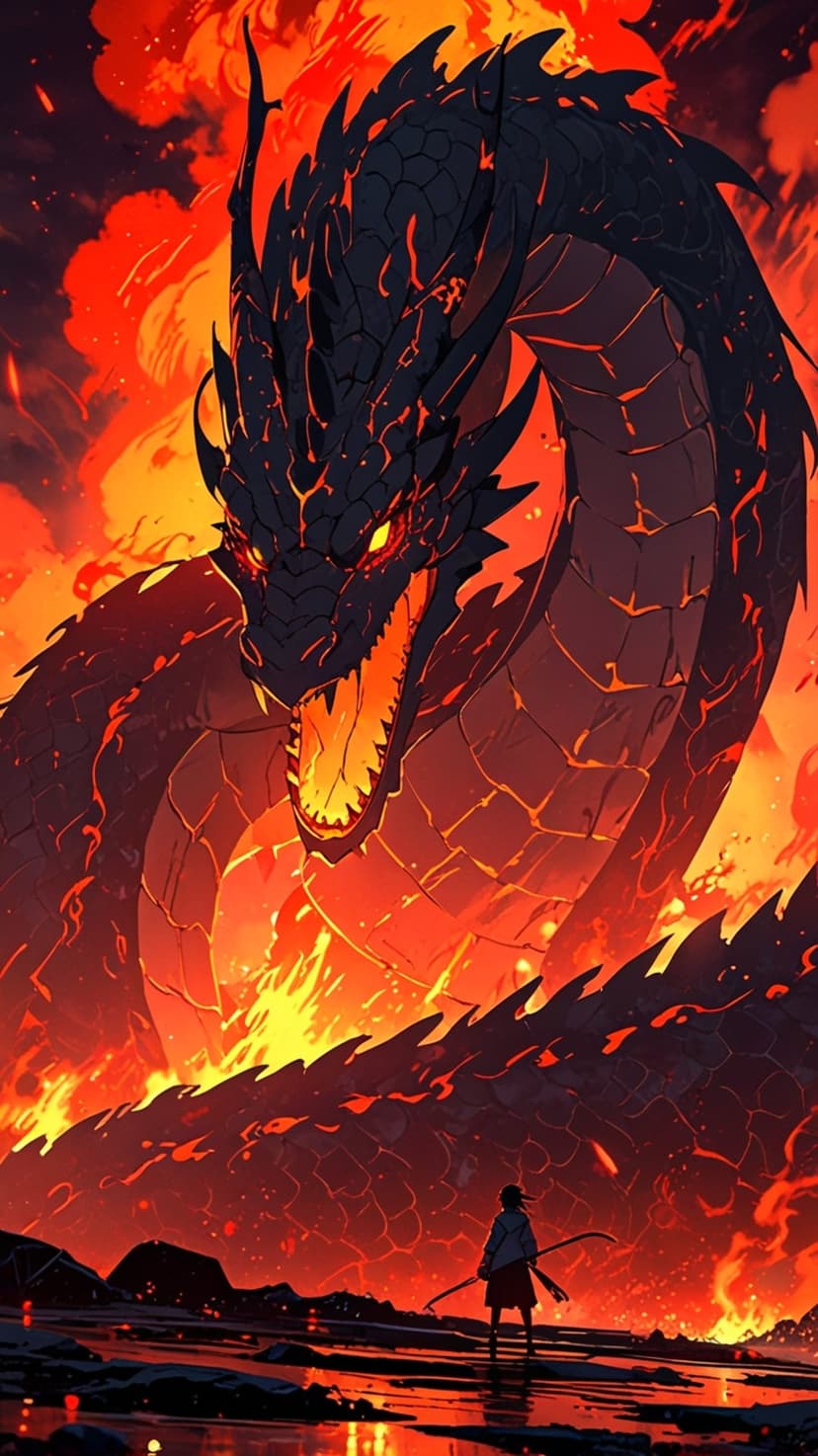 Towering red-eyed dragon with glowing scales emerging from a lava pit to face a small knight holding a sword.