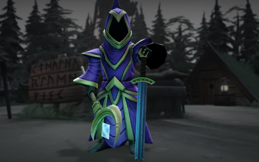 Hooded mage in purple and green robes holding a glowing staff and sword in a dark village forest setting.