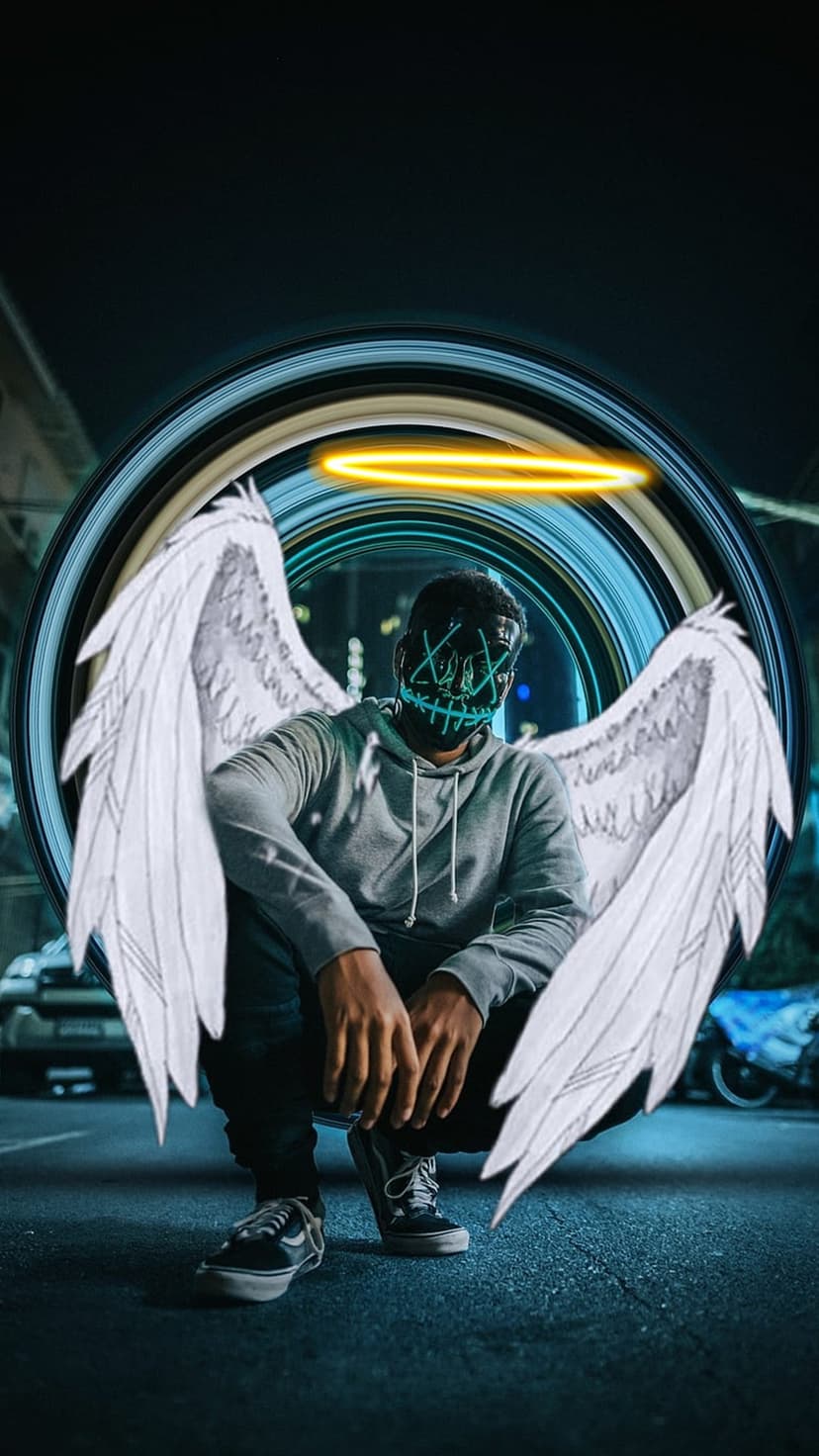 Masked winged figure with a halo and green X eyes crouches inside a large circular camera lens aperture.