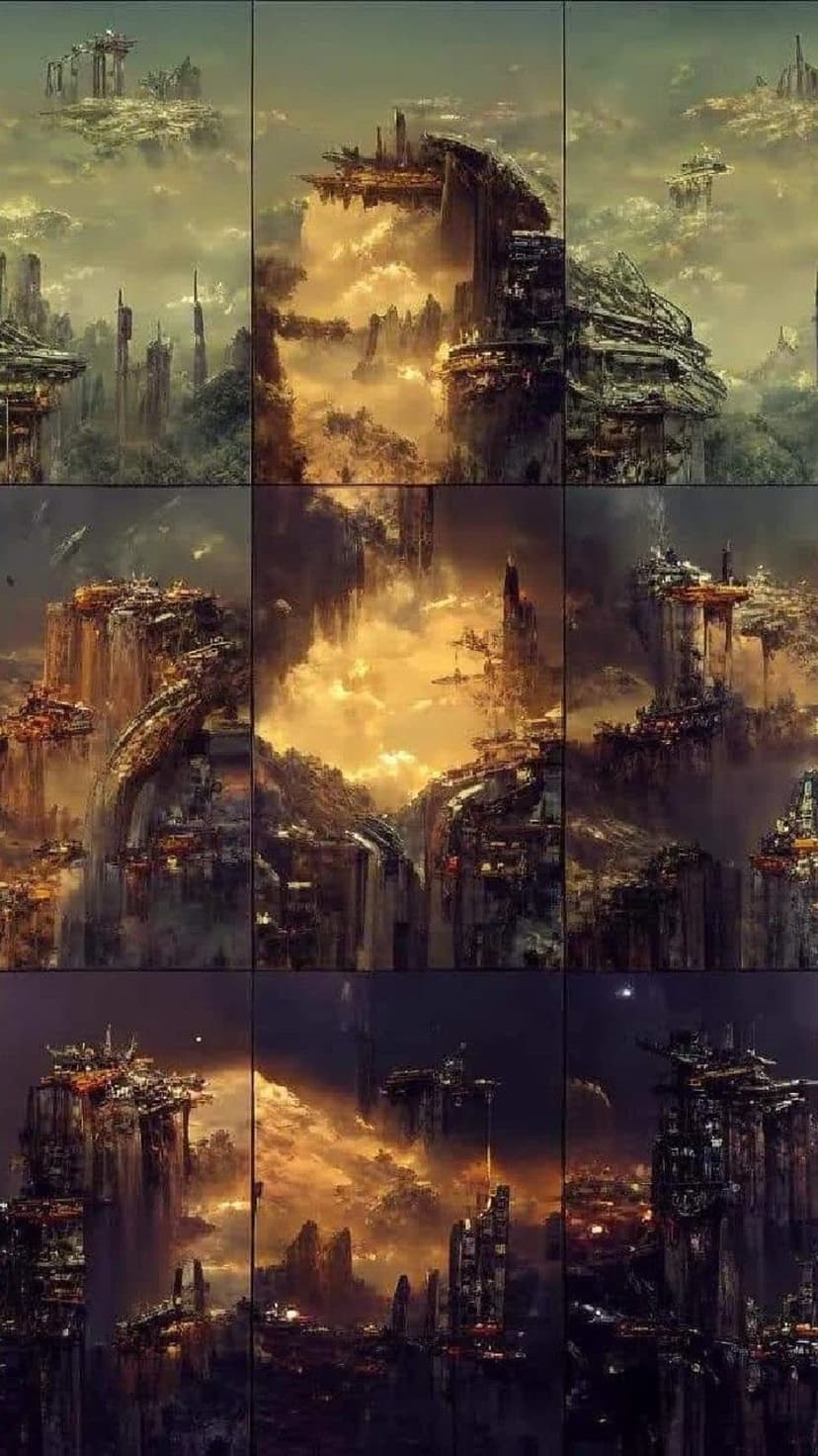 Floating metallic cities perched on rock formations surrounded by thick golden clouds and hazy atmosphere.