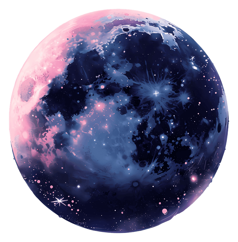 Galaxy moon illustration featuring a crescent shape filled with purple and blue nebulae and white twinkling stars.