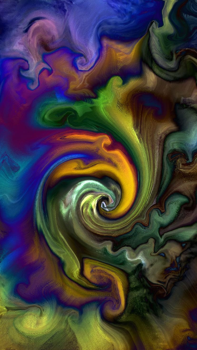 Swirling liquid ribbons in neon blue, purple, and orange form a dense vortex with fluid, organic textures.