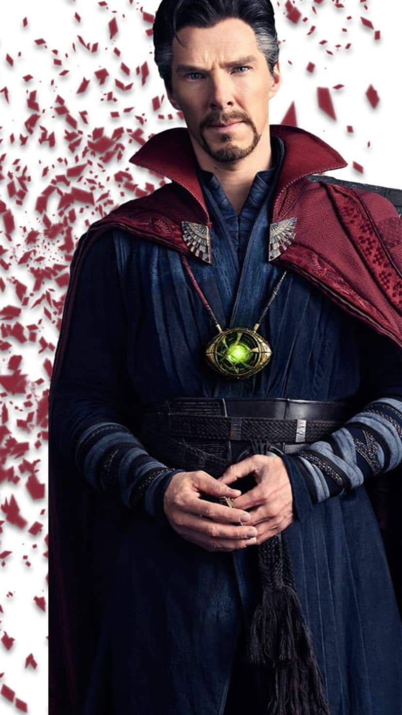 Doctor Strange wearing a red cloak and golden eye amulet surrounded by swirling crimson and orange magic sparks.