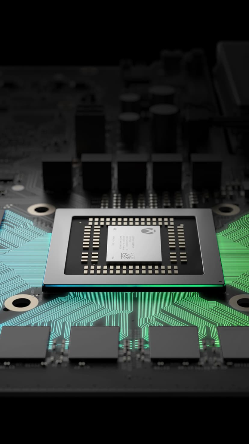 Xbox Series X processor chip centerpiece surrounded by intricate copper traces and electronic components.