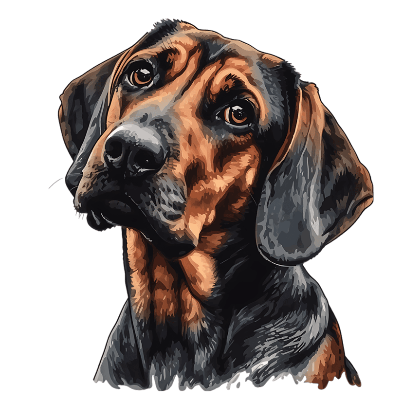 Black and Tan Coonhound portrait featuring painterly brushstrokes on a solid black background with realistic lighting.