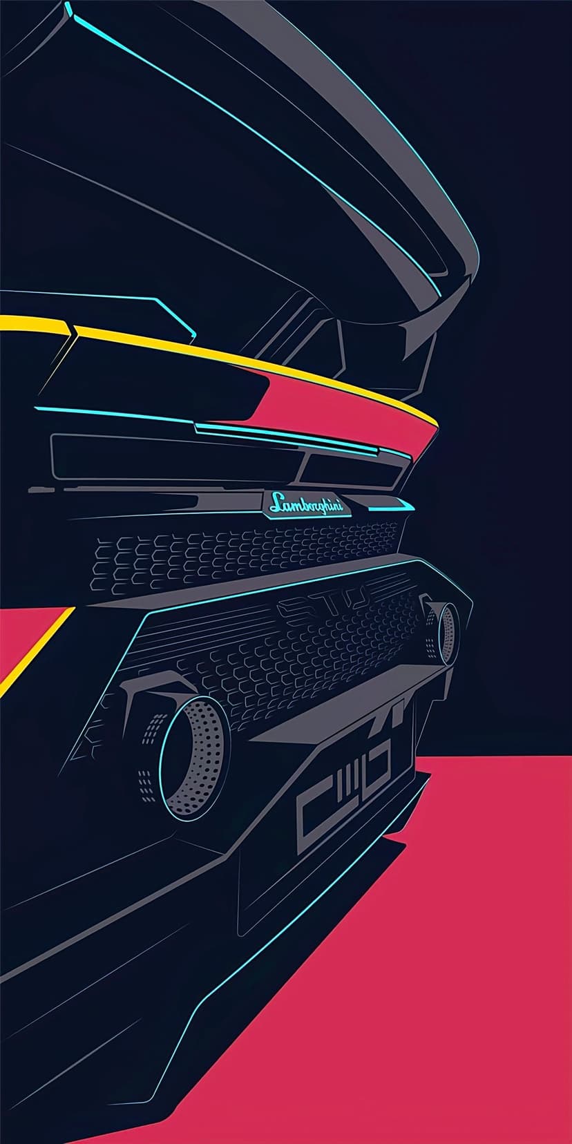 Rear view of a Lamborghini STO with a large racing wing, red lower glow, and cyan neon outlines on a dark background.