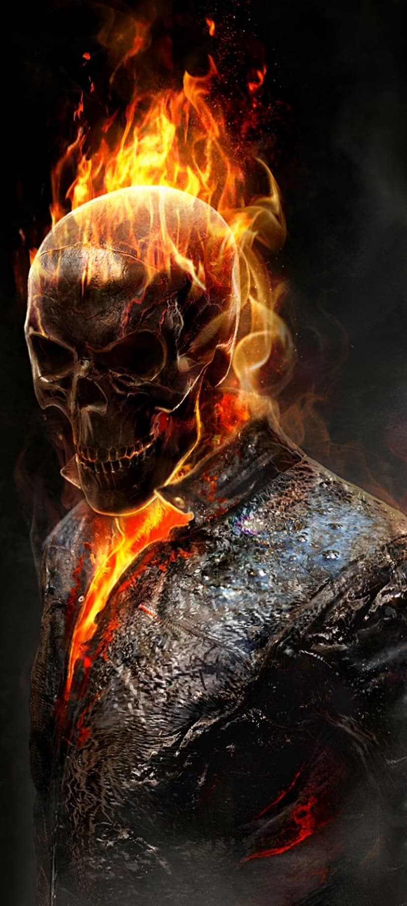 Ghost Rider with a flaming skeletal head wearing a scorched leather jacket amidst rising smoke and embers.