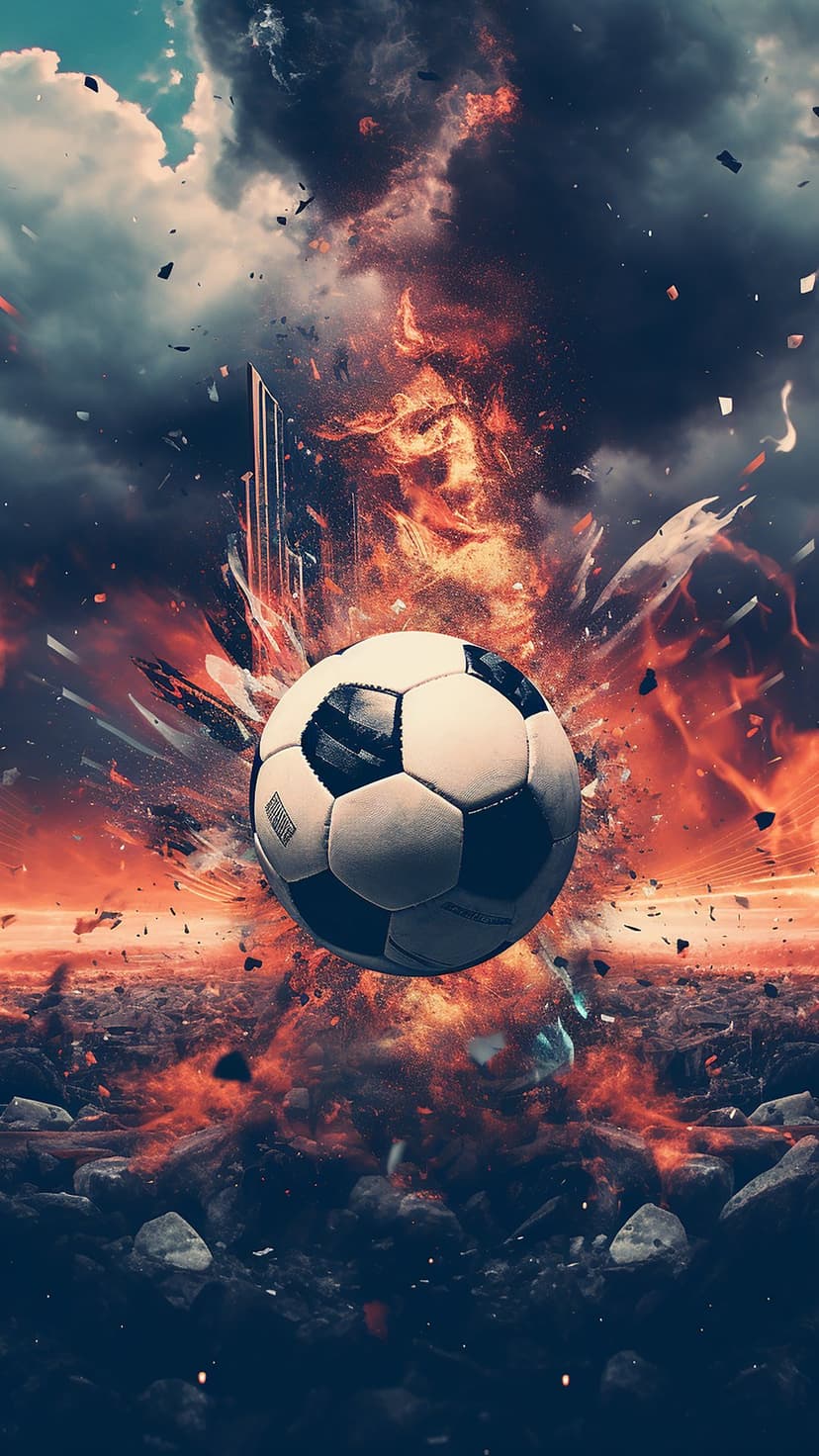 Soccer ball shattering in mid-air surrounded by bright orange flames, dark smoke, and flying black fragments.