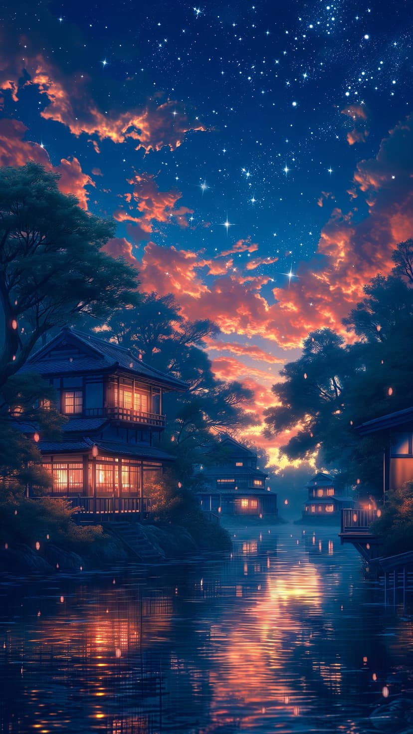 Traditional Japanese houses reflect in a river under a cosmic night sky filled with orange clouds and stars.