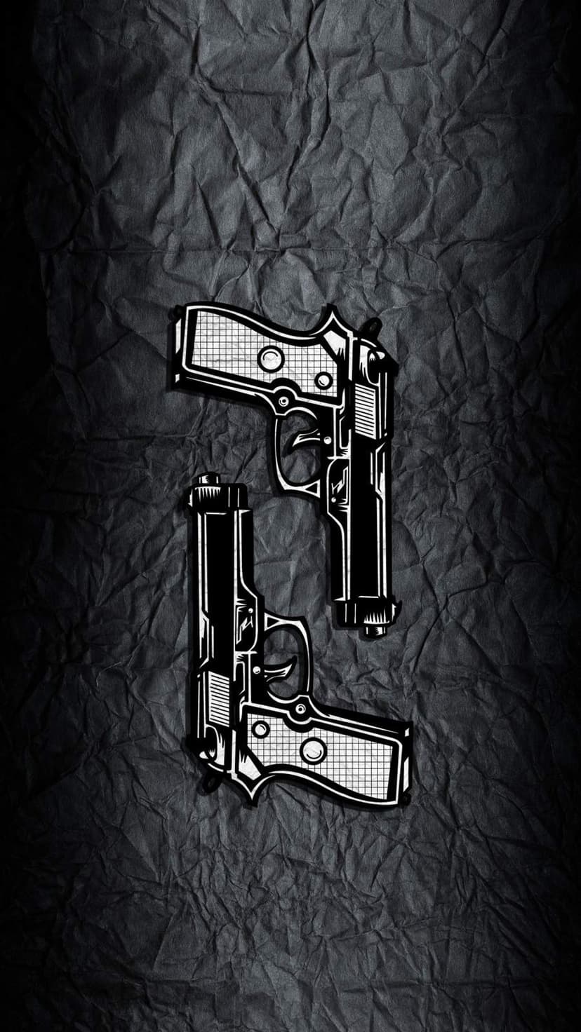 Twin vertical handguns with checkered grips appear on a dark, crumpled charcoal background with high contrast.