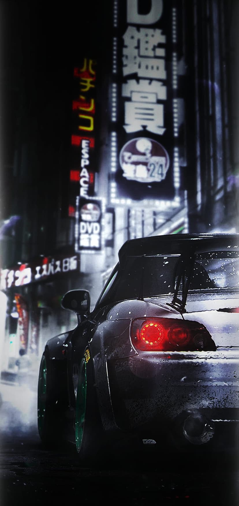 Sports car with red taillights speeding through a rainy neon Tokyo alley with vibrant street light reflections.