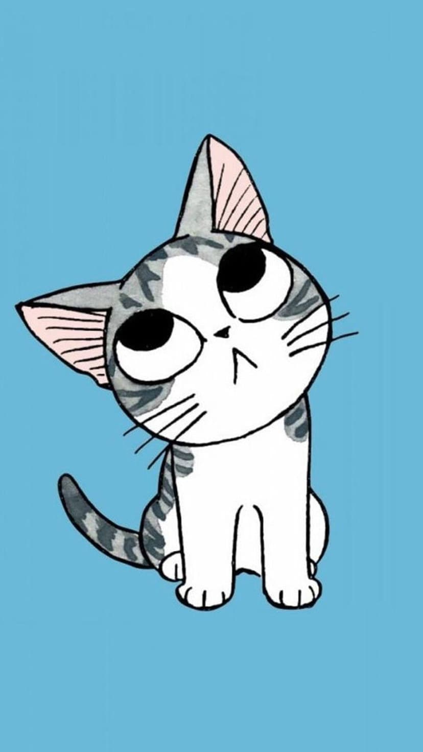 Grey and white tabby cat with huge black eyes and a grumpy face looking up against a solid blue background.