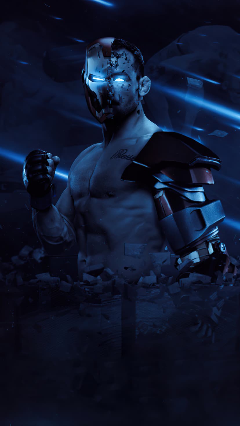 MMA fighter with a tattooed torso and half Iron Man suit emerges from rubble with glowing blue eyes and energy beams.
