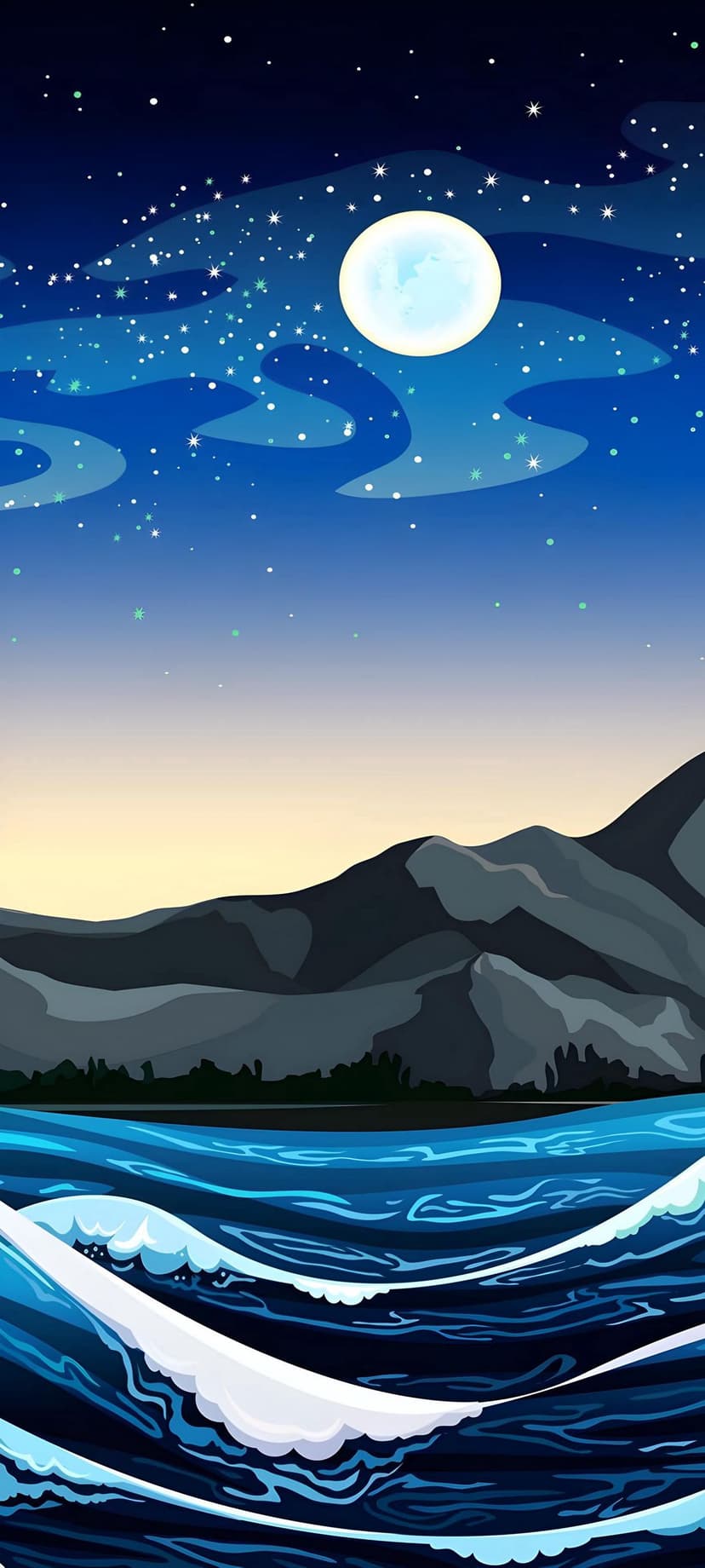 Full moon and starry sky over dark mountain peaks and blue ocean waves during a calm night transition.