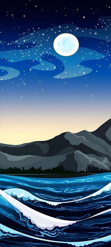 Starry Night Over Mountains and Ocean Waves