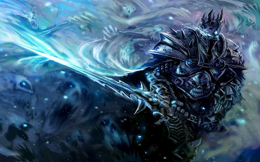 Armored warrior in spiked helm holds a glowing blue sword amidst swirling ghostly skulls and icy blue light.
