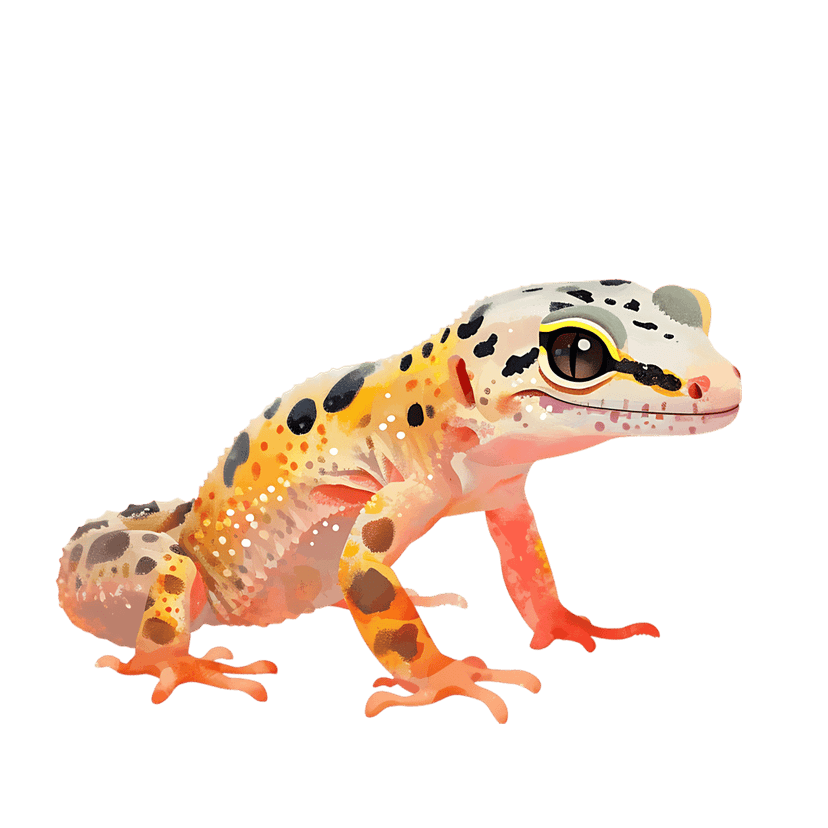 Leopard gecko watercolor painting shows orange yellow spotted skin and detailed eyes against black background.