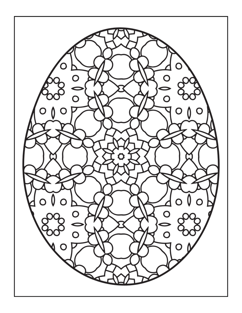 Mandala Easter egg outline featuring symmetrical floral patterns and geometric shapes in a black line art style.