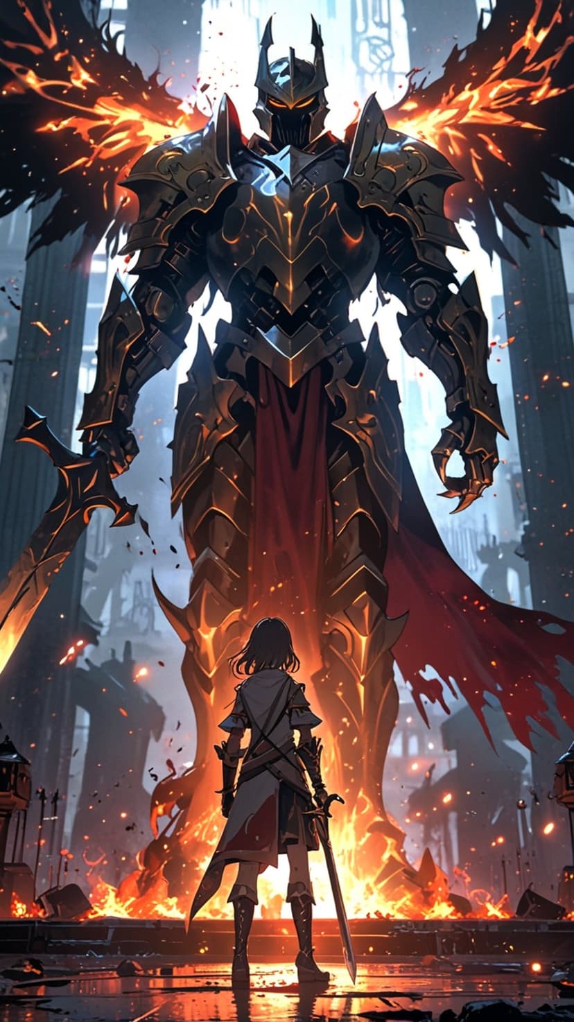 Giant armored knight with flaming wings towers over a small warrior holding a sword amidst ancient ruins.