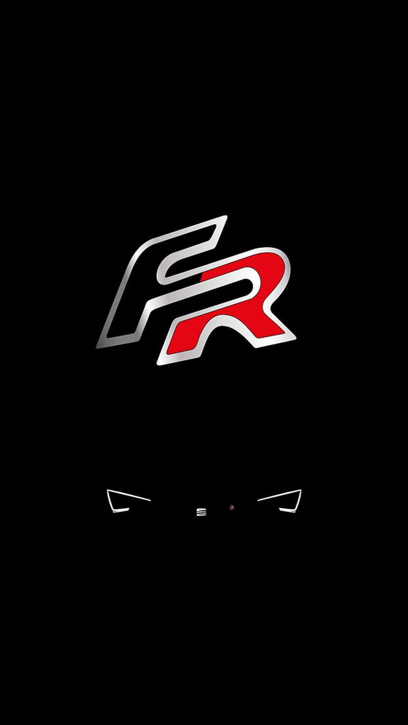 SEAT FR logo in red and silver above white glowing car headlight outlines on a solid black background.