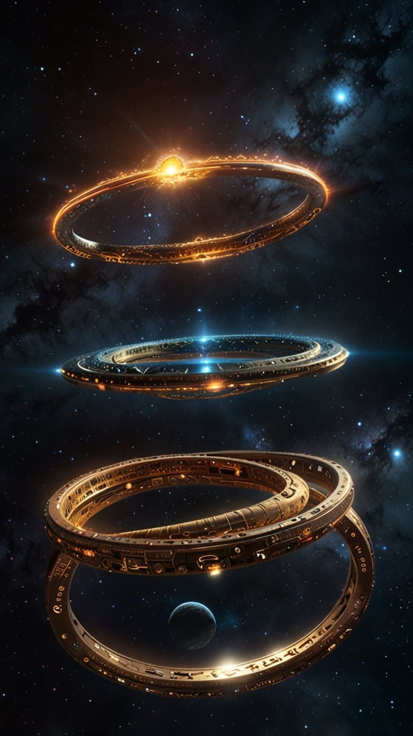 Three glowing orbital rings and intertwined golden structures floating in a vibrant purple and blue stellar nebula.