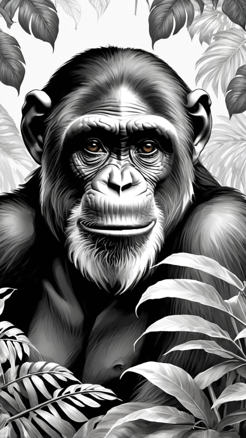 Chimpanzee face with detailed fur textures surrounded by large tropical foliage in a high-contrast monochrome style.