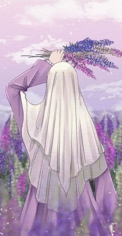 Anime girl in lavender field holding flowers