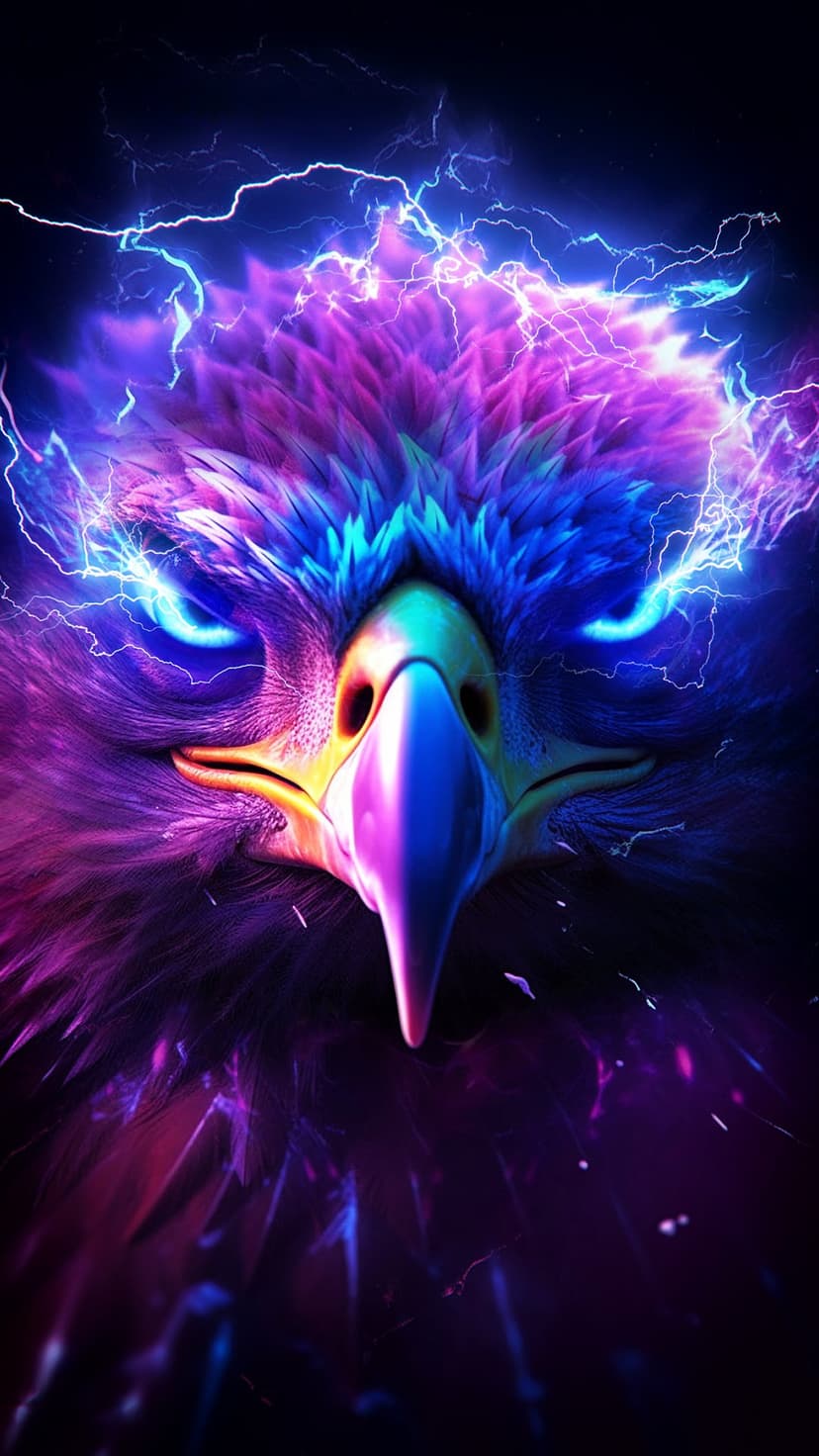 Eagle head with glowing blue eyes and purple lightning bolts surrounding shimmering neon feathers in close-up.