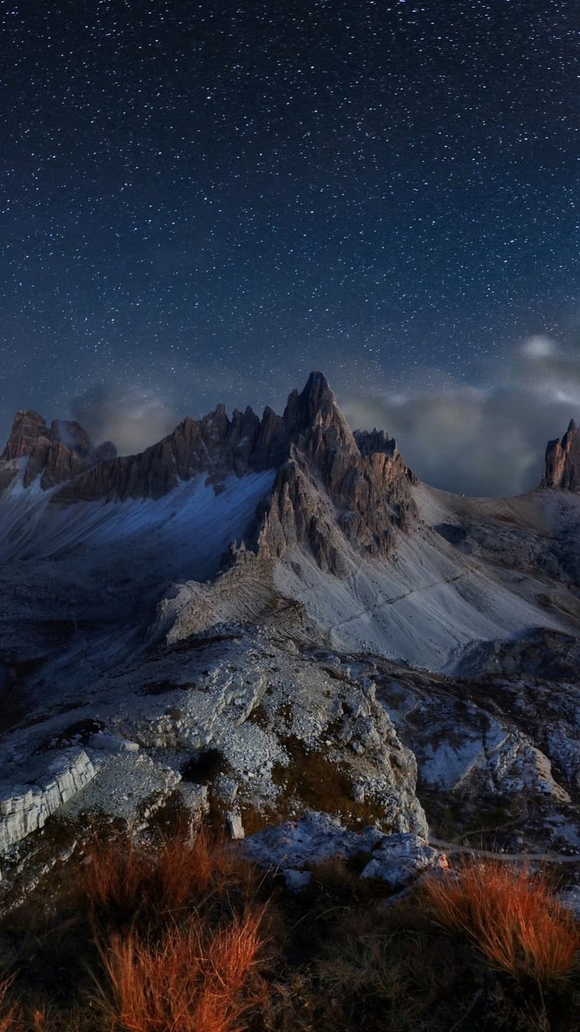 Sharp snow-dusted mountain peaks stand beneath a starry night sky with golden grass in the rocky foreground.