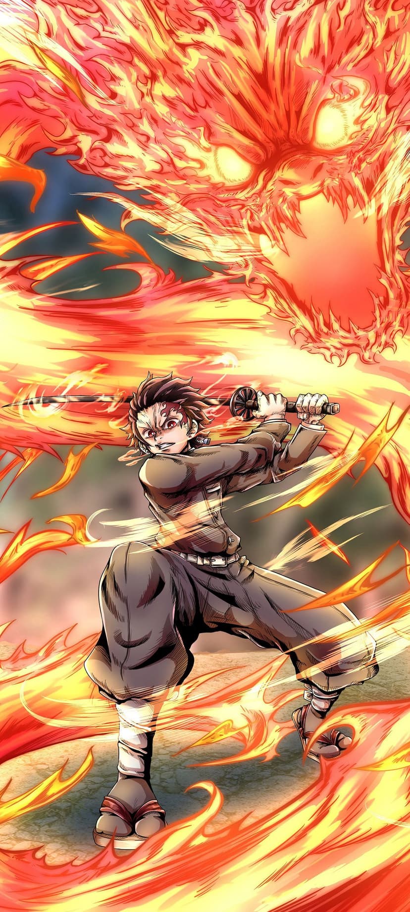 Tanjiro Kamado lunges with a flaming sword toward a giant dragon made of fire in a vertical action scene.