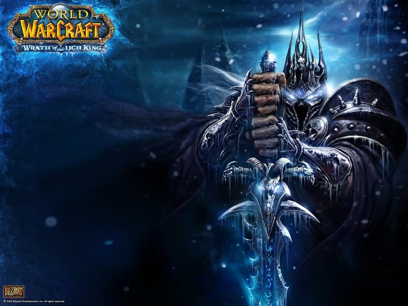 Lich King Arthas in spiked armor holding Frostmourne with glowing blue eyes and runes in a snowy environment.