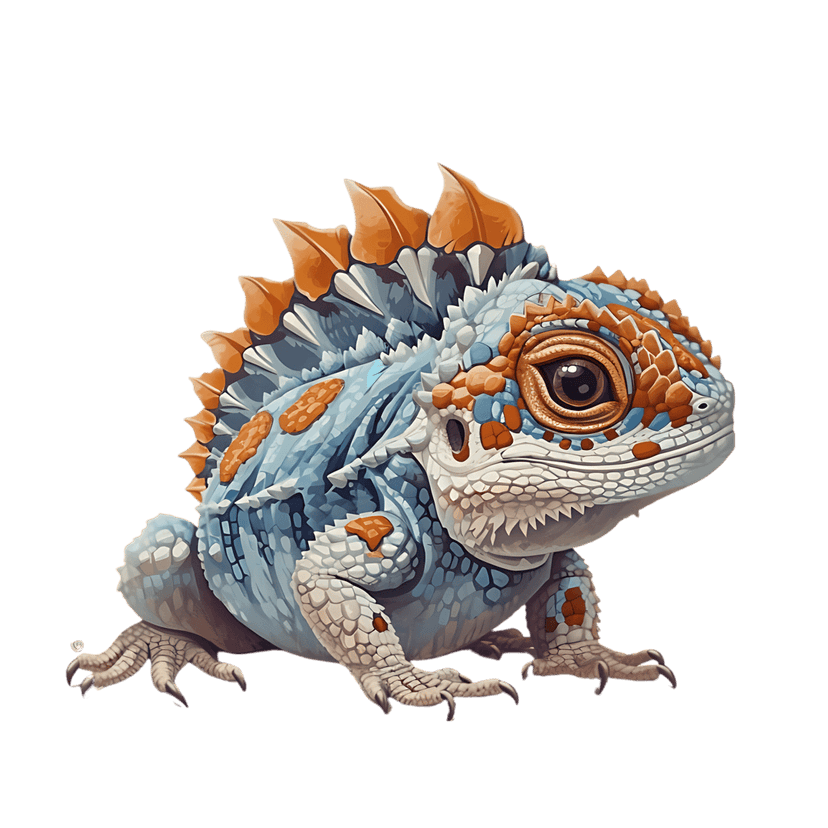 Stylized fantasy chameleon creature with spiky orange crest and blue scales isolated on a transparent background.