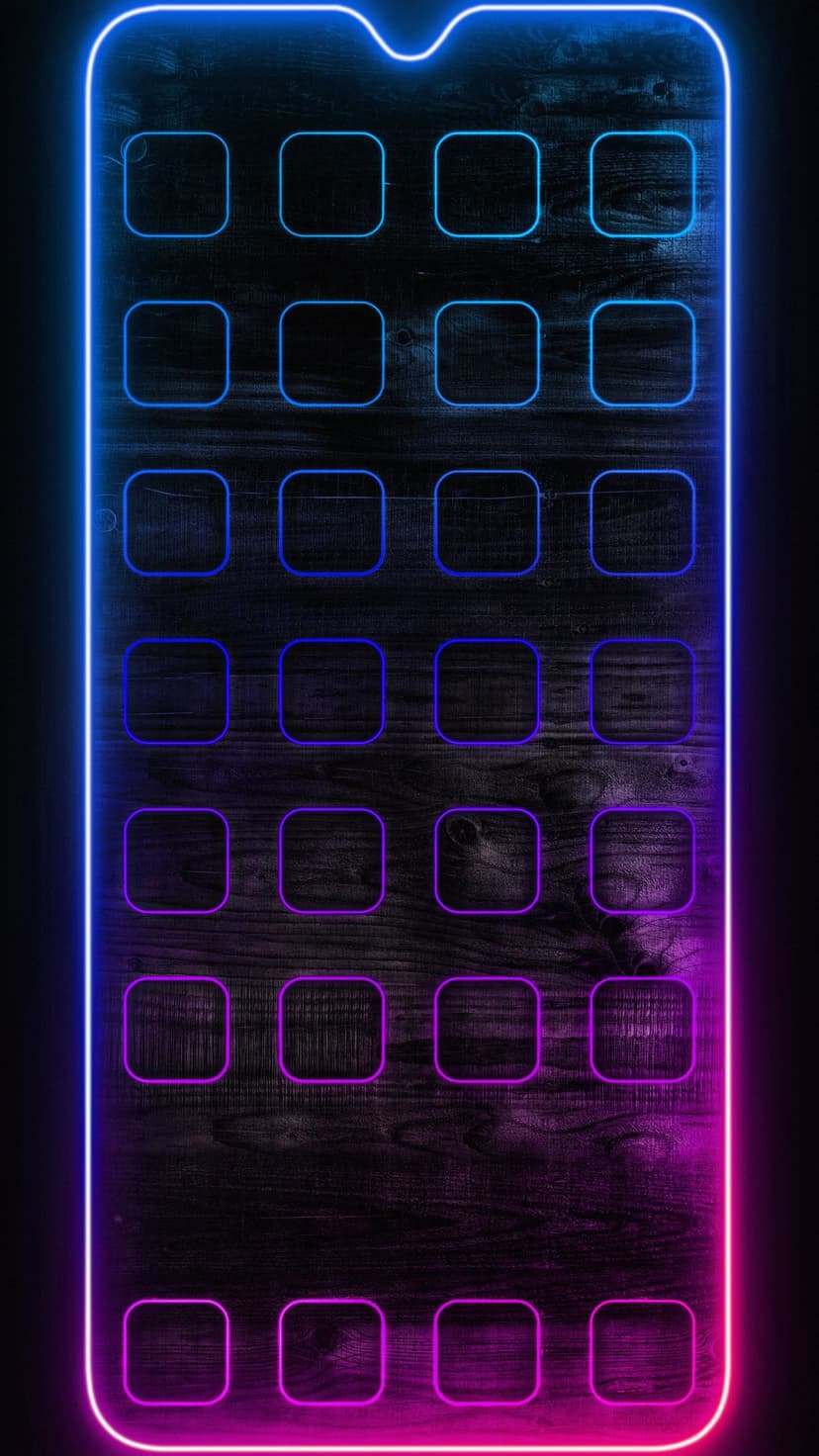 Blue and purple neon square outlines form an app grid over dark rustic wood grain in this vertical screen layout.
