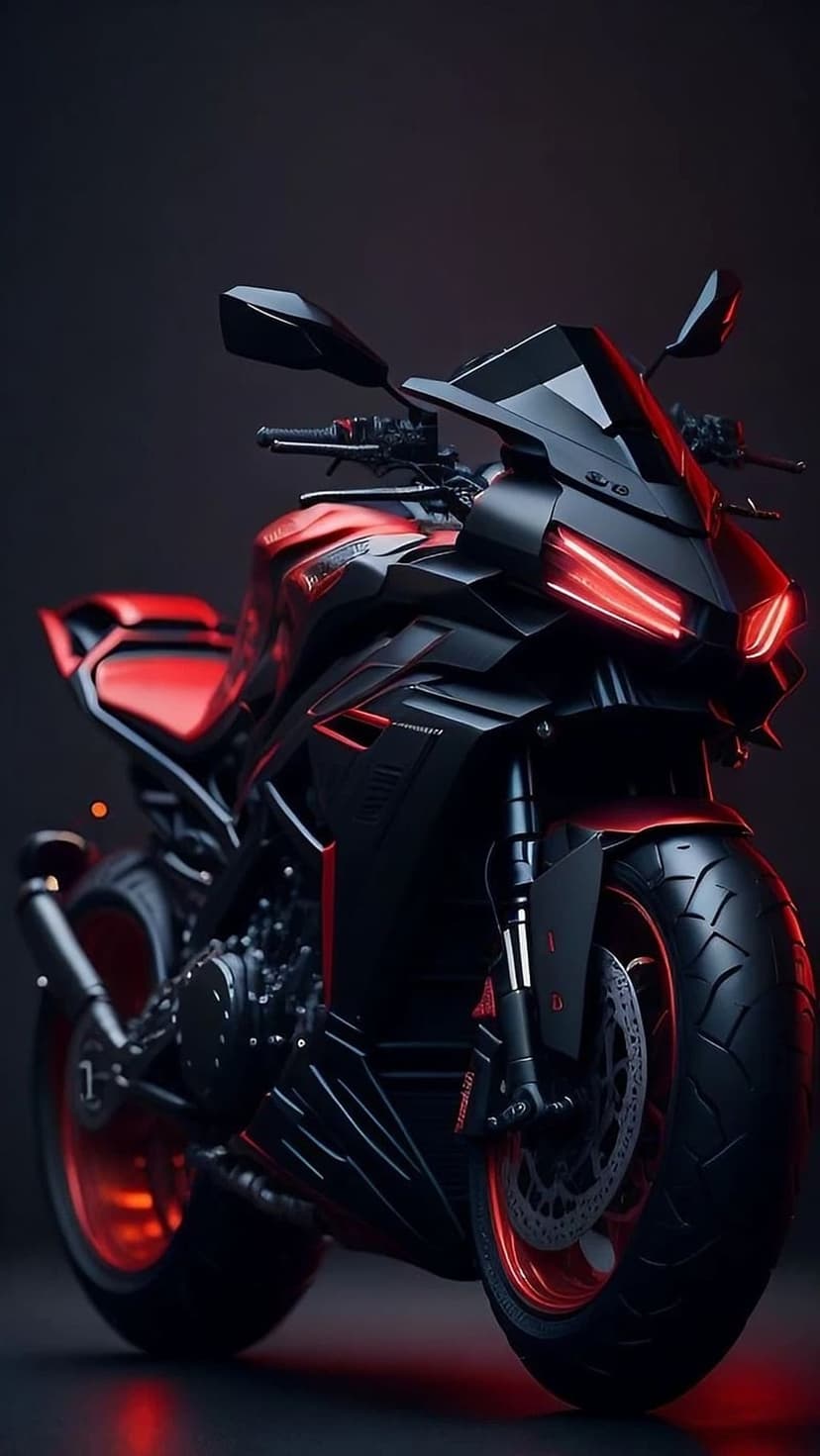 Matte black and crimson sportbike featuring glowing red LED headlights and sharp aerodynamic bodywork.