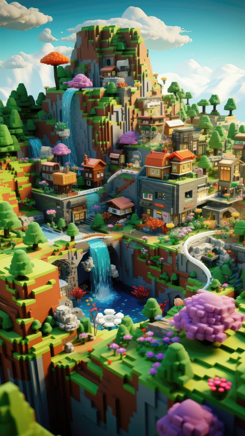 Voxel mountain village with cascading waterfalls, emerald trees, and violet foliage under a bright blue sky.