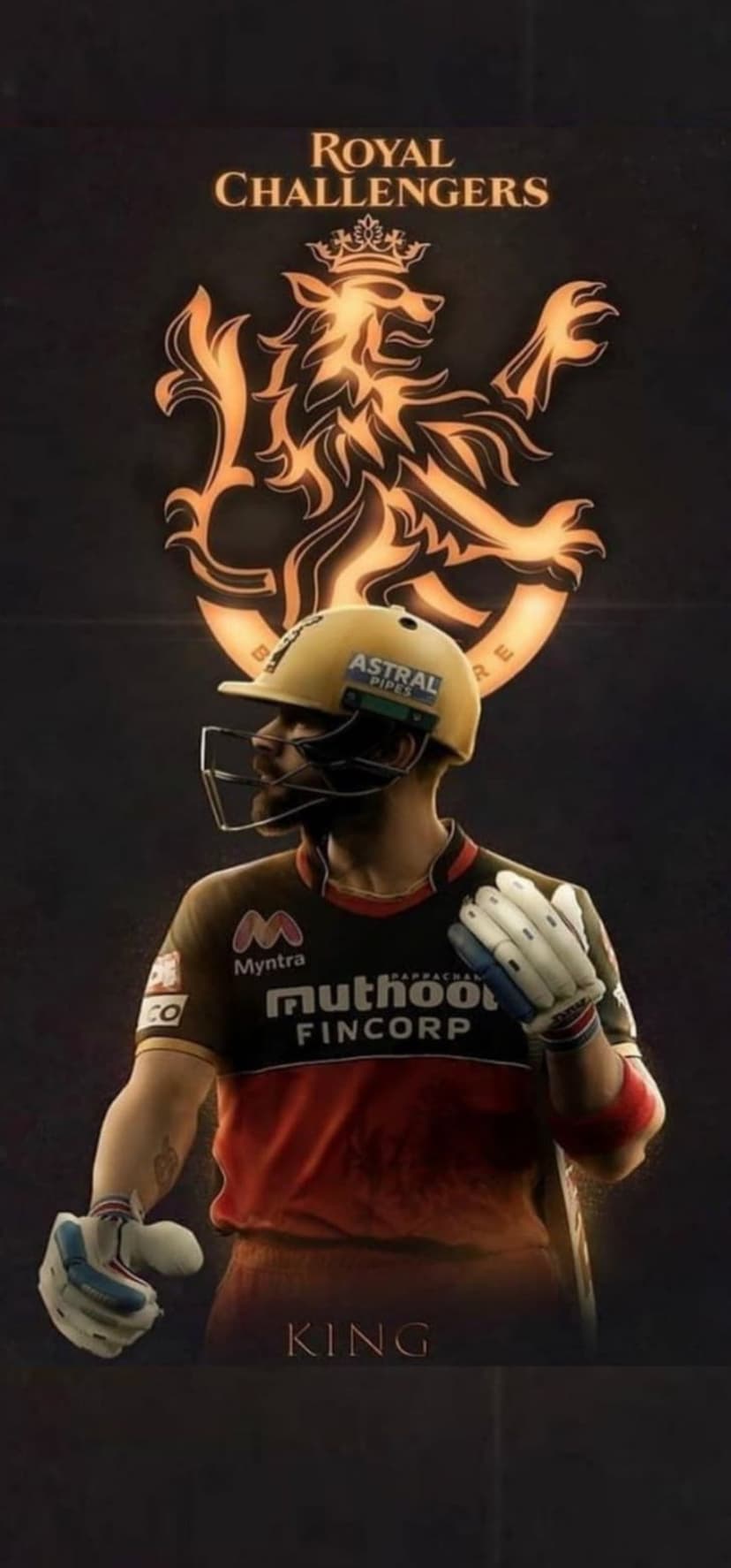 Virat Kohli wearing a red RCB cricket helmet and gloves stands before a stylized lion logo and King text.